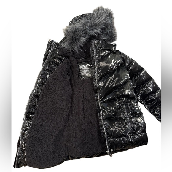 NWOT Justice Shiny Black Winter Jacket - Picture 2 of 4